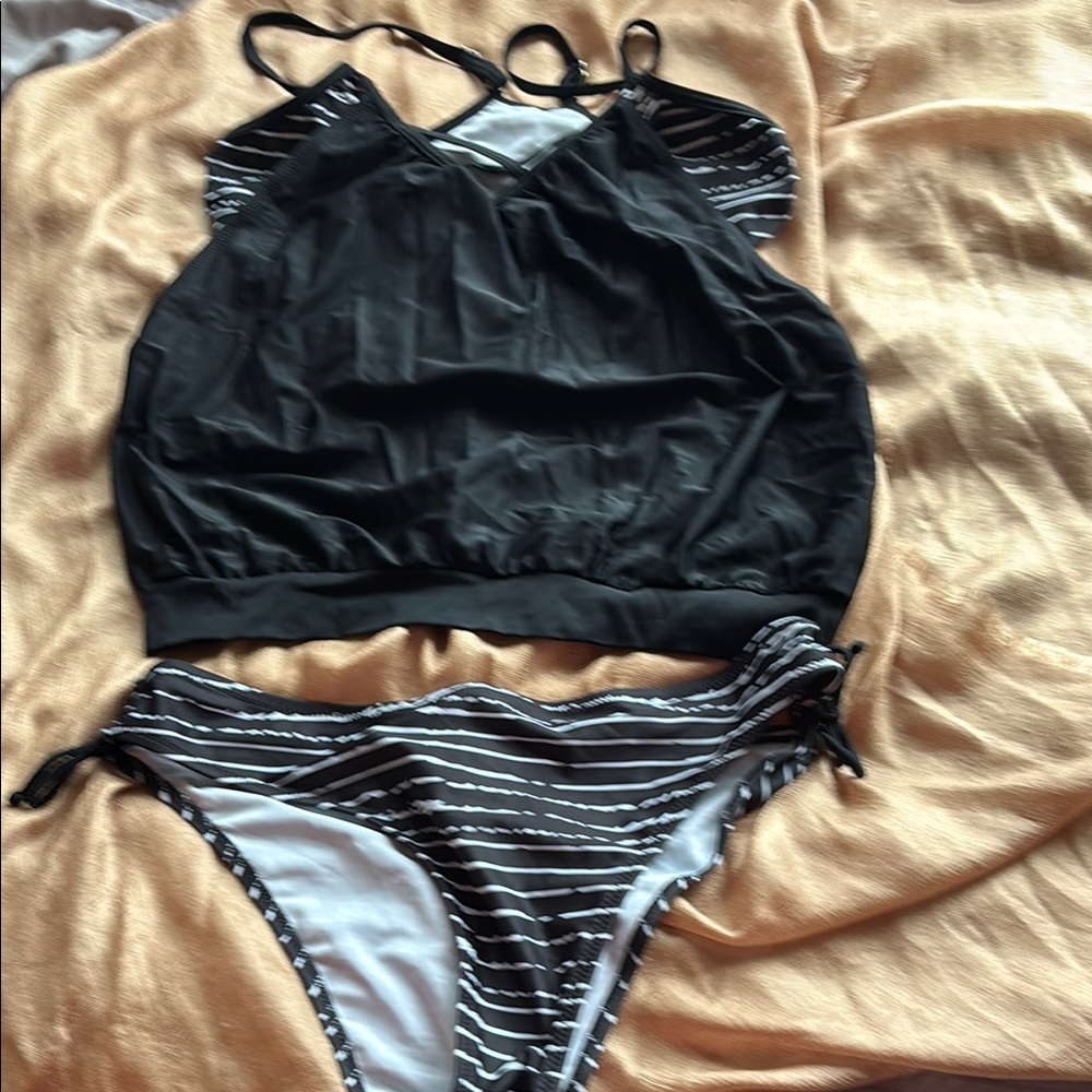 Black and White Striped Bikini with Flowy Top